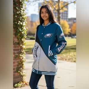 Philadelphia Eagles Logo White and Blue Satinique Button Down Dress Size Large